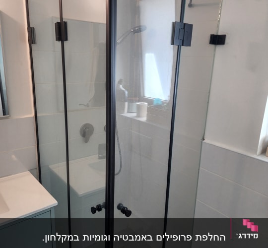 מקלחון זכוכית עם ראש מקלחת ומדף מוצרים